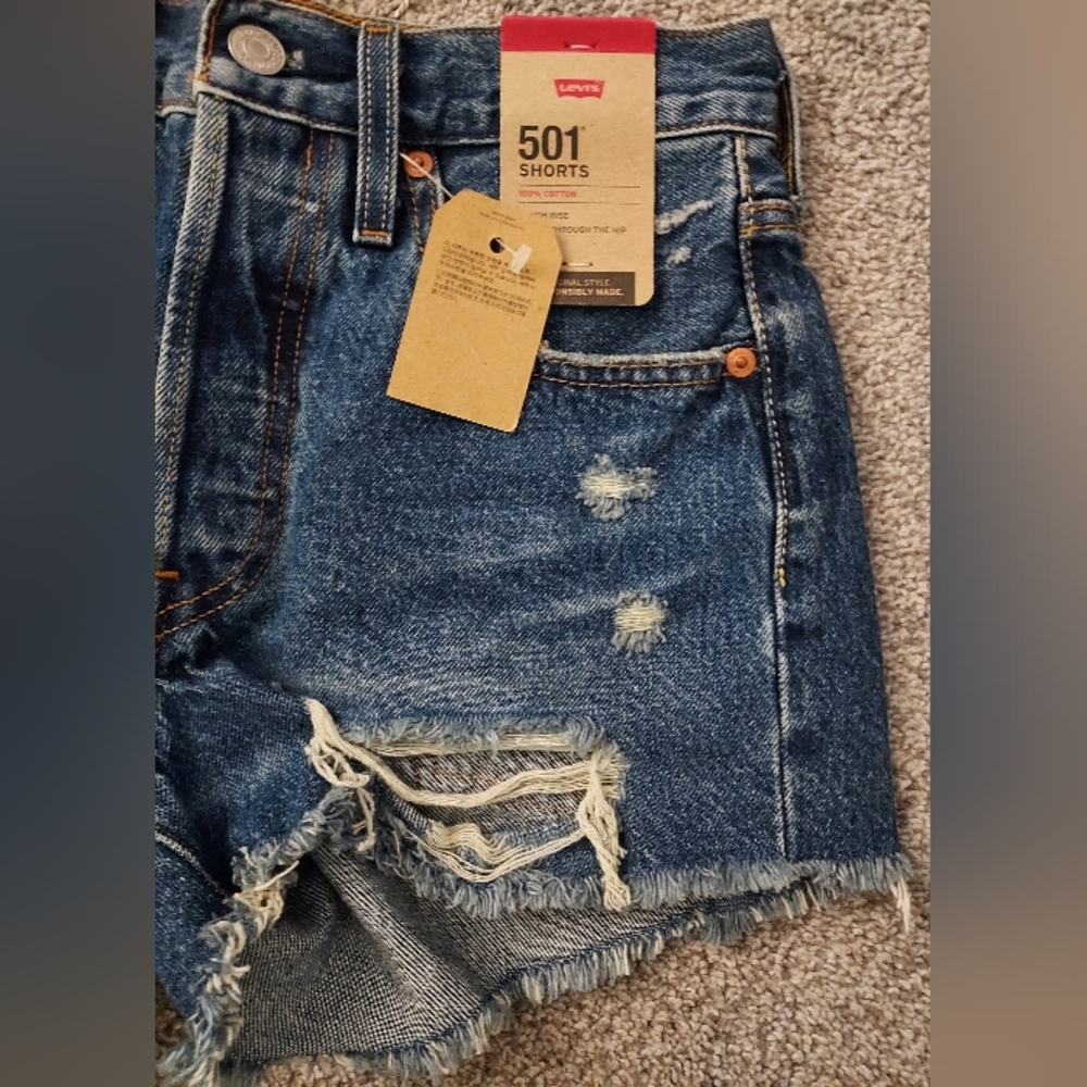 Levi's 501 Distressed Denim Shorts Womens W24 Ripped Frayed Hem Blue Jean Jorts - Picture 5 of 16